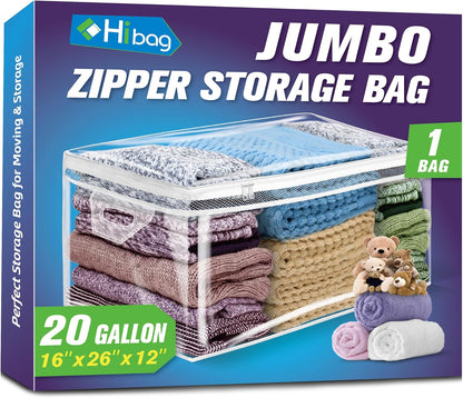 HIBAG 20 Gallon Large Storage Bag for Clothes, Zipper Clothing Storage Bag, Clear Organizer with Reinforced Handles, for Comforters Blankets Pillows Bedding