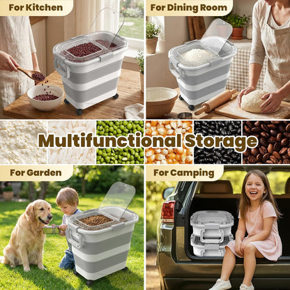 HOYTAMDA 25-35Lbs Rice Container,Collapsible Airtight Food Storage Containers with Wheels,Handle,Rice Storage Container with Small Bin and Scoop,Rice Dispenser for Flour Sugar Cereal Grain Dog Cat
