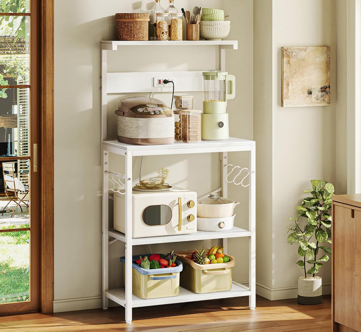 SUPERJARE Kitchen Bakers Rack with Power Outlet, Coffee Bar Table 4 Tiers, Kitchen Microwave Stand with 6 S-shaped Hooks, Storage Shelf Rack for Spices, Pots and Pans - Rustic Brown