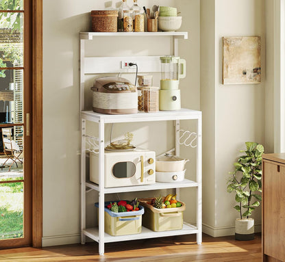 SUPERJARE Kitchen Bakers Rack with Power Outlet, Coffee Bar Table 4 Tiers, Kitchen Microwave Stand with 6 S-shaped Hooks, Storage Shelf Rack for Spices, Pots and Pans - Rustic Brown