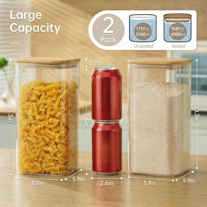HomArtist Square Glass Jars with Bamboo Lids [Muti Size Set of 5], Glass Canisters with Airtight Lids, Glass Food Storage Containers for Pasta, Cereal, Flour, Sugar, Best for Kitchen & Pantry