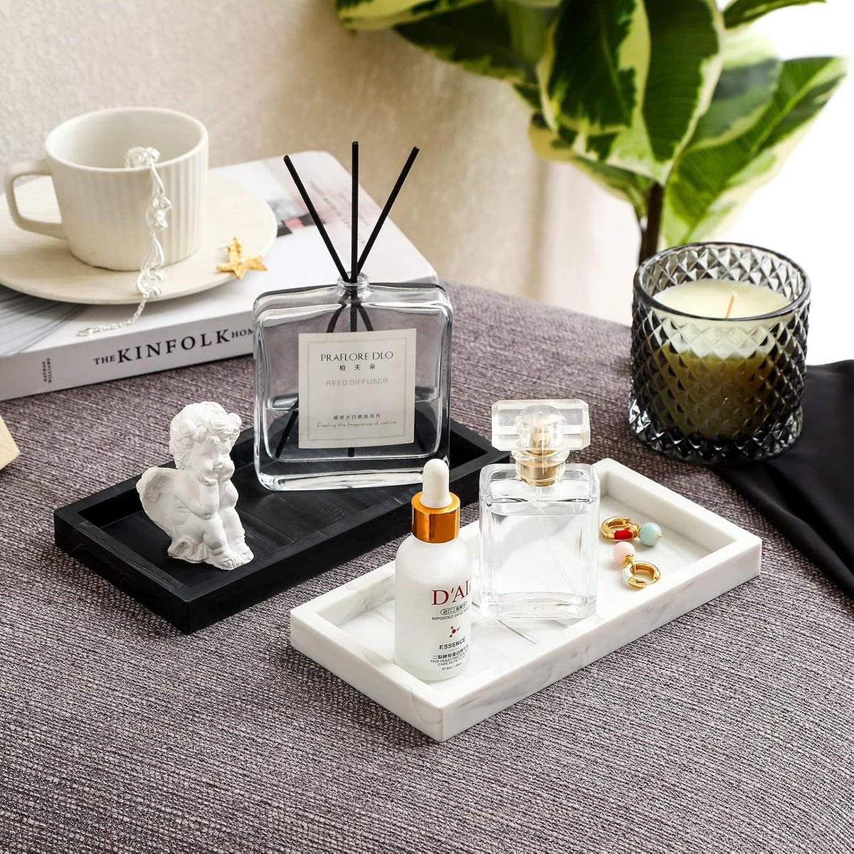 Small Silicone Bathroom Vanity Tray Rectangle Soap and Sponge Holder Kitchen Sink Organizer for Scrubber, Lotion Bottles, Perfume, Jewelry, Candle, Key Trinket Ring, Black