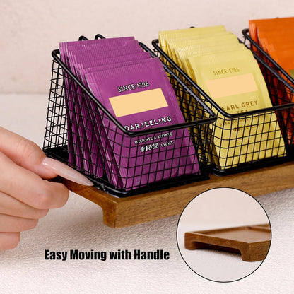 HTB 2 Tier Tea Organizer for Tea Bags, Tea Bag Holder with Acacia Wood Stand and 6 Removable Metal Basket for Sugar Packets, Sweeteners, Creamers for Cabinet, Countertop or Wall-mounted