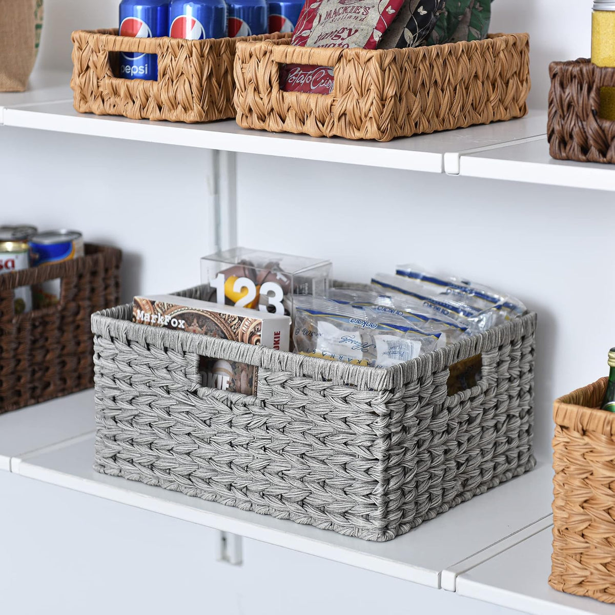 GRANNY SAYS Wicker Storage Baskets for Shelves, Wicker Baskets for Organizing, Waterproof Woven Basket for Pantry, Rectangle Basket for Shlef, Brown, 2-Pack