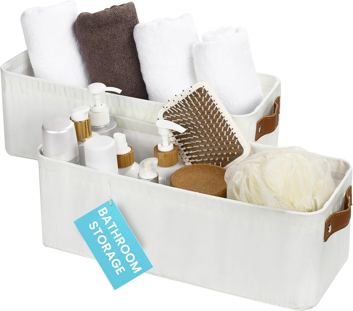OrganiHaus 12x8in Canvas Storage Baskets 3 Pack | SMALL Fabric Bins for Shelves | Pantry & Bathroom Organizer | Beige/Off-White
