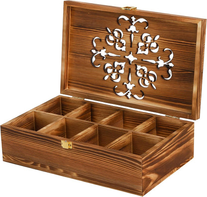 Coloch Wooden Tea Bag Storage Box with Carved Lid, 8-Compartment Tea Chest Organizer Spice Packets Container for Living Room, Kitchen, Office, Home Decor