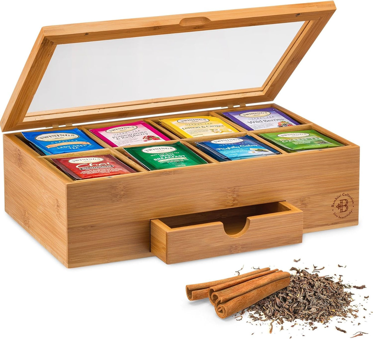 Tea Bag Organizer with Drawer - Bamboo Tea Box Organizer, 8-Compartment Tea Storage Box with Acrylic Lid and Magnetic Closure, Tea Box for Kitchen Counter, Gifts for Mom, Wife, Tea Lovers