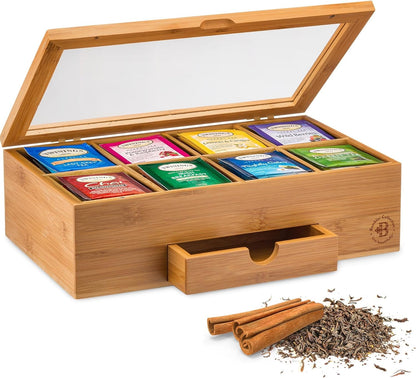 Tea Bag Organizer with Drawer - Bamboo Tea Box Organizer, 8-Compartment Tea Storage Box with Acrylic Lid and Magnetic Closure, Tea Box for Kitchen Counter, Gifts for Mom, Wife, Tea Lovers