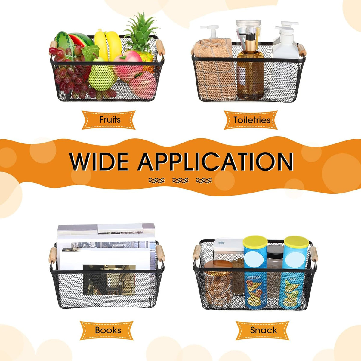 Ziliny 4 Pcs Metal Mesh Wire Baskets with Wooden Handles for Organizing, Pantry Organizers and Storage Steel Bin Kitchen Baskets for Fruit Potato Onion Snacks Bathroom Cabinet(Small,Black)