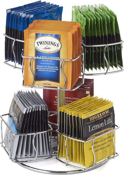 Nifty Tea Bag Spinning Carousel – 6 Compartments, Up to 60 Tea Bags Storage, Spins 360-Degrees, Lazy Susan Platform, Modern White Design, Home or Office Kitchen Counter Organizer