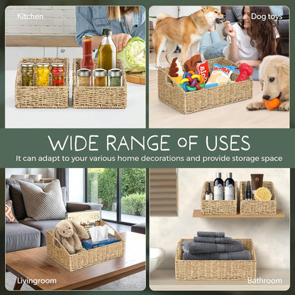 Set of 3 Handwoven Storage Baskets – Decorative Natural Wicker Organizer Bins with Built-in Handles for Bathroom, Kitchen, Pantry, Nursery, Closet, Laundry, Living Room, and Home Use