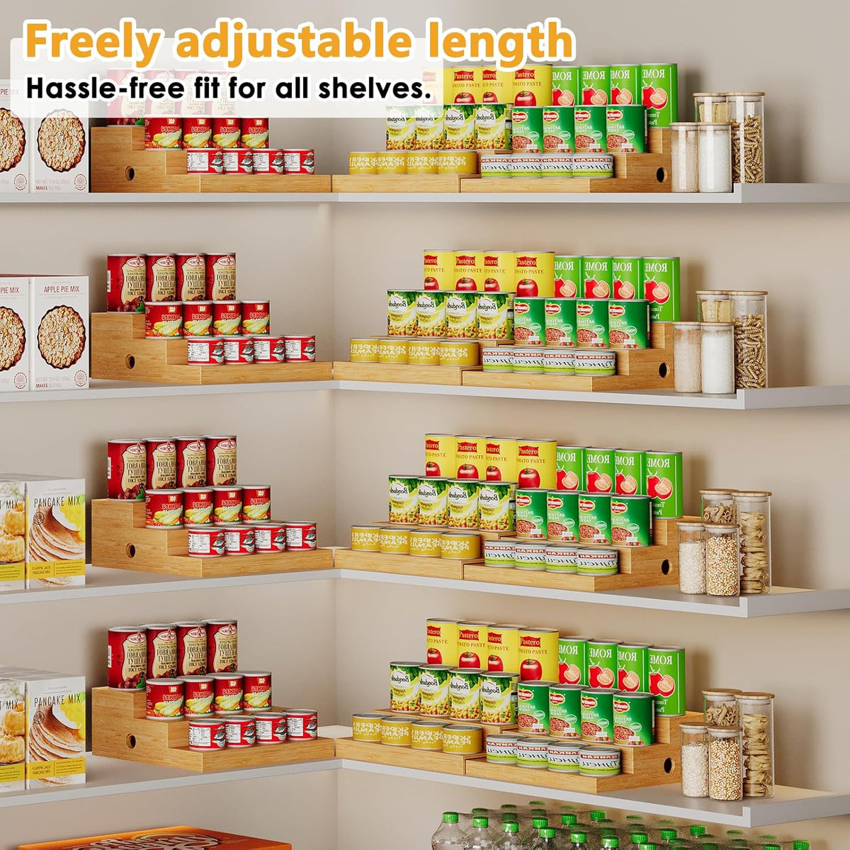 2-Pack Expandable Bamboo Can Rack Organizer for Pantry Display, 3-Tier Adjustable Can Storage Holder, Soda & Canned Food Organizer for Cabinets & Countertops, Holds Up to 48 Cans (Patent Pending)