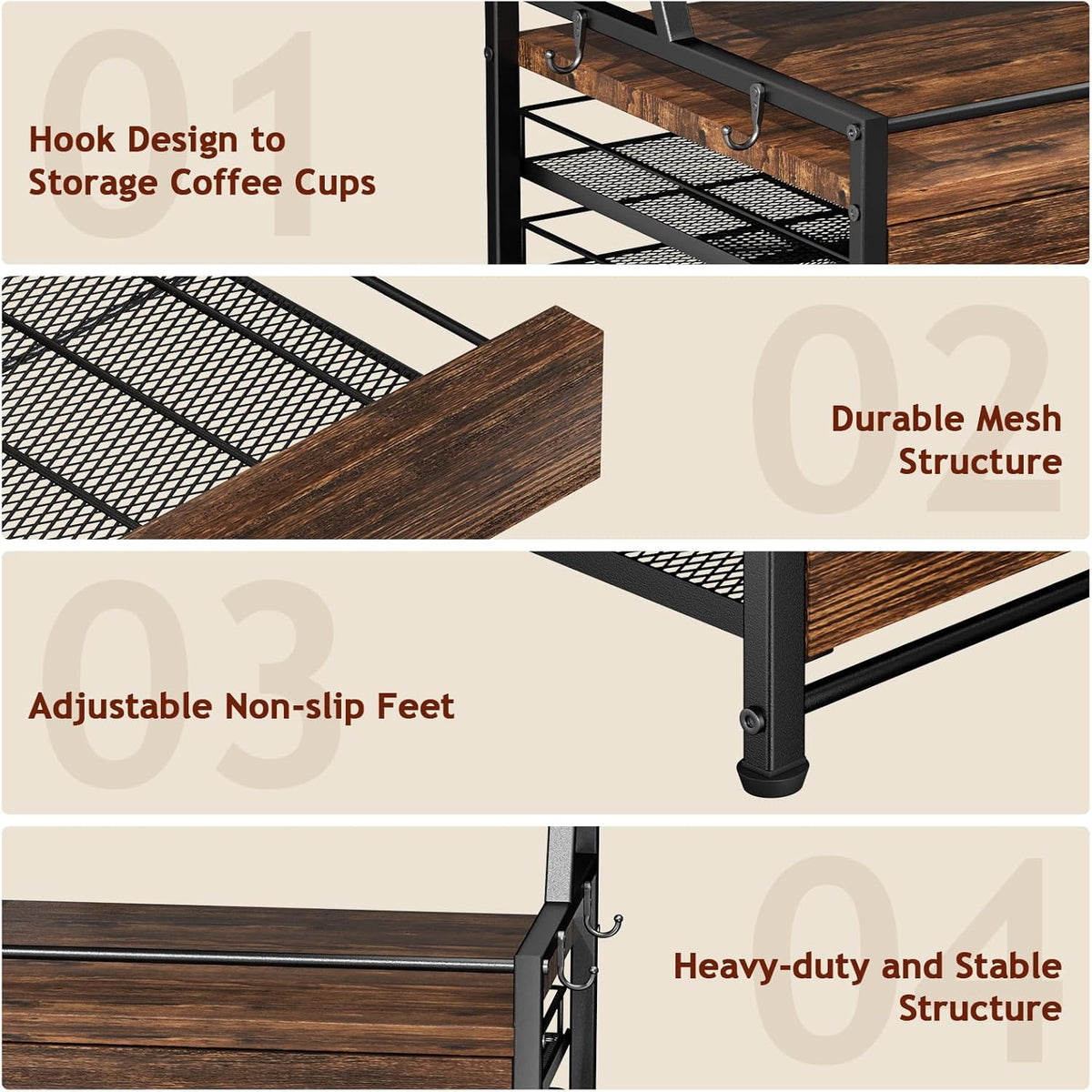 Homsorout Coffee Syrup Rack Organizer - 4-Tier 8 Syrup Wine Bottles Stand with 82 Storage Drawer for K Cups, Coffee Pod Holder for Countertop, Bar Station, Kitchen, Rustic Brown
