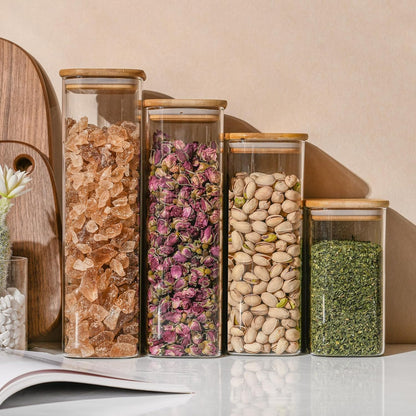 D2scrma 37oz Rectangle Airtight Glass Storage Containers with Bamboo Lids (Set of 6), Square Food Storage Jar, Pantry Organizers for Cereal, Nuts, Snacks and Coffee beans (‎with Black Lable)