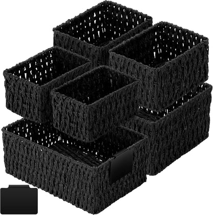 Marsui 6 Pcs Wicker Storage Baskets with Labels Handwoven Multi-size Brown Wicker Storage Bins for Organizing Small Baskets Container for Shelves Closet Pantry Toilet(Brown )