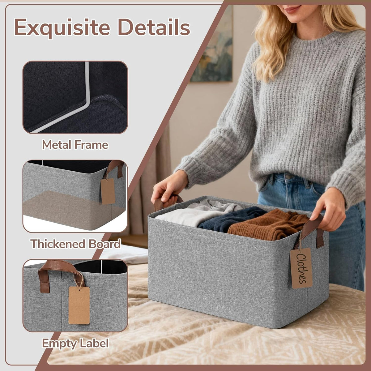 CHICVITA 4 Pack Large Storage Baskets for Shelves, Collapsible Closet Organizer Bins with Metal Frame, Fabric Storage Bins for Clothes Towels Organization, 16.8" x 11" x 9.8", Beige