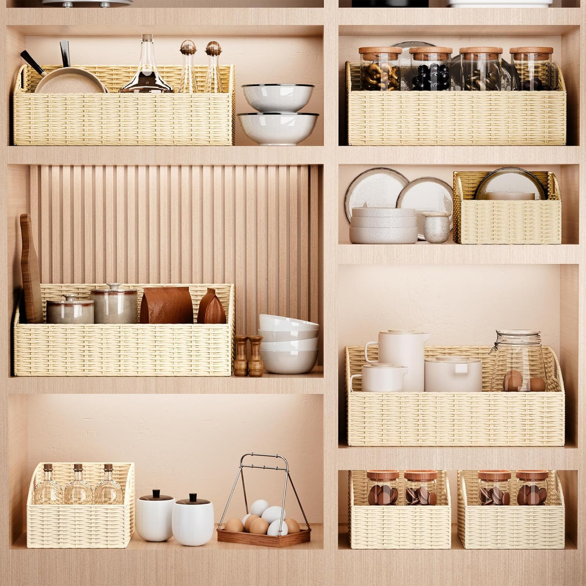 Rattan Storage Baskets, Handwoven Wicker Storage Bins with Built-in Handles, Storage Container Baskets for Shelves, Bedroom, Bathroom, Laundry Room or Kitchen(Natural)