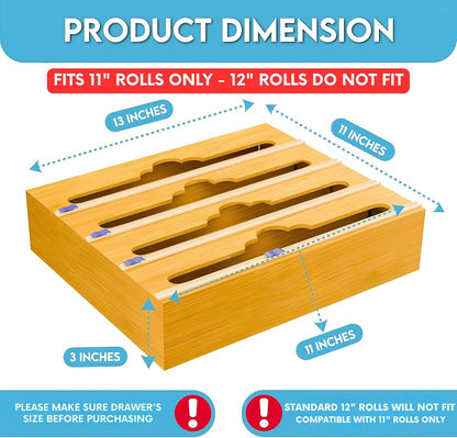 Bamboo Aluminum Foil Organizer & Plastic Wrap Dispenser with Cutter - 4 in 1 Parchment, Wax Paper & Saran Wrap Holder - Tin Foil Food Wrap Organizer for Kitchen Drawer, Countertop & Pantry