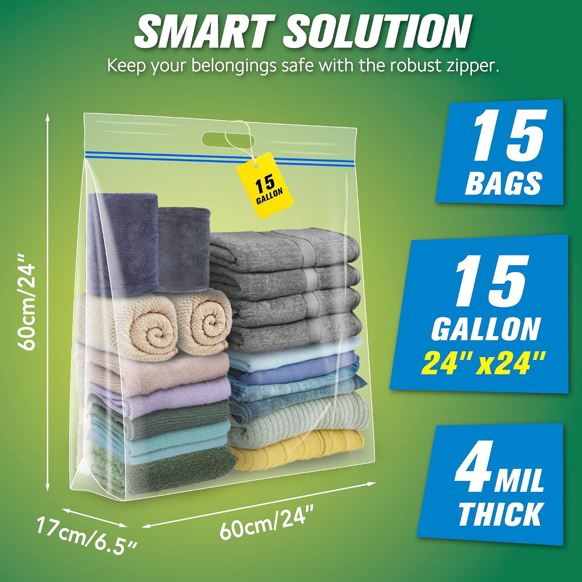 HIBAG 25 Gallon Jumbo Storage Bags, 35” x 24” Resealable Clear Bags with Handle, Extra Large XL Heavy Duty for Clothes Pillow Travel Moving, Pack of 3