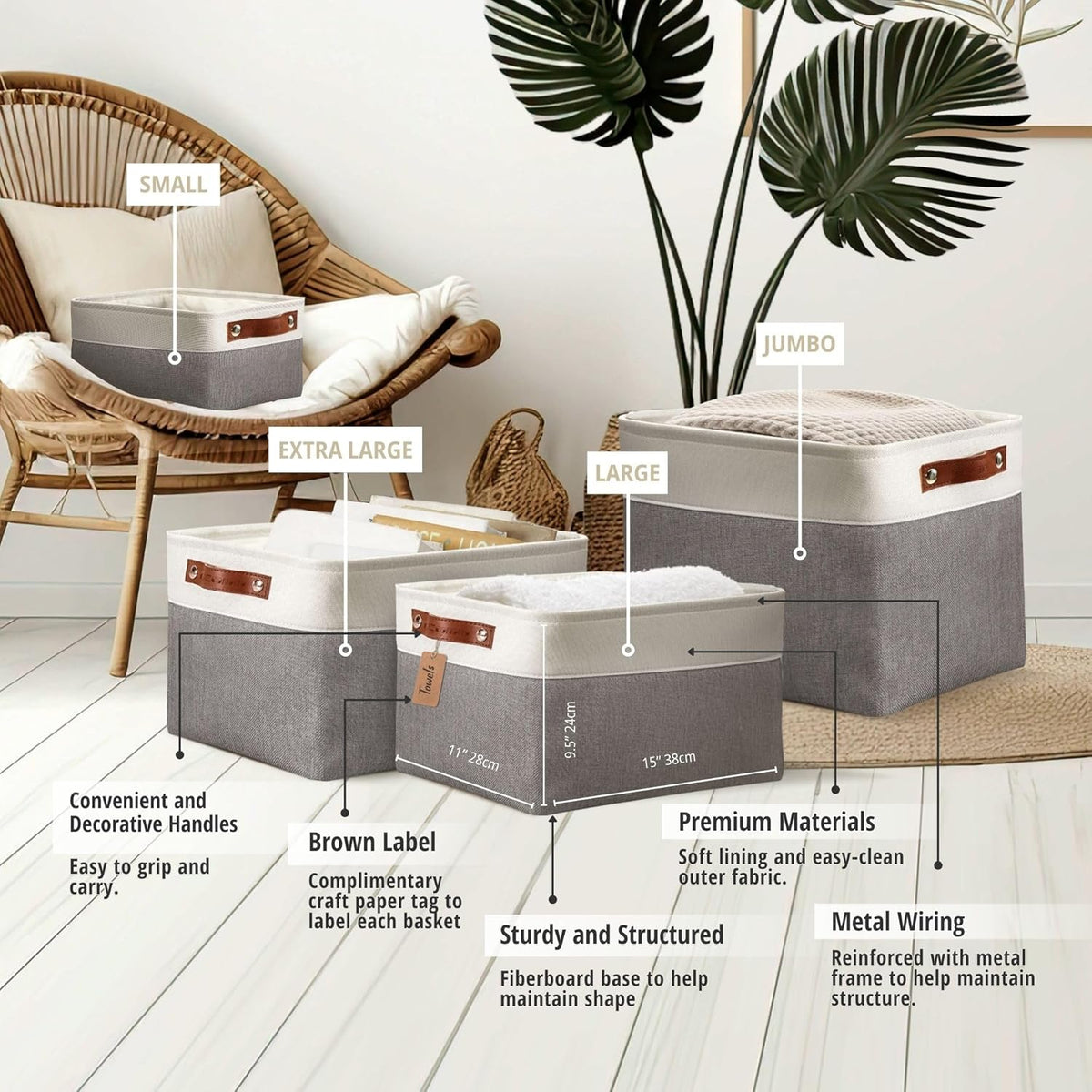DECOMOMO Storage Bins, Large Fabric Storage Baskets for Shelves, Decorative Linen Closet Organizer, 15 x 11 x 9.5 inches (Beige & White, 3 Pack)