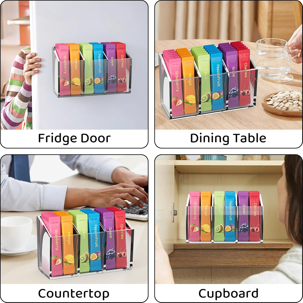 Drink Packet Organizer, Magnetic Water Packet Organizer for Fridge, Premium Acrylic Drink Mix Holder Container with 3 Compartments for Kitchen Organizers and Storage