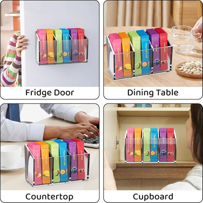 Drink Packet Organizer, Magnetic Water Packet Organizer for Fridge, Premium Acrylic Drink Mix Holder Container with 3 Compartments for Kitchen Organizers and Storage