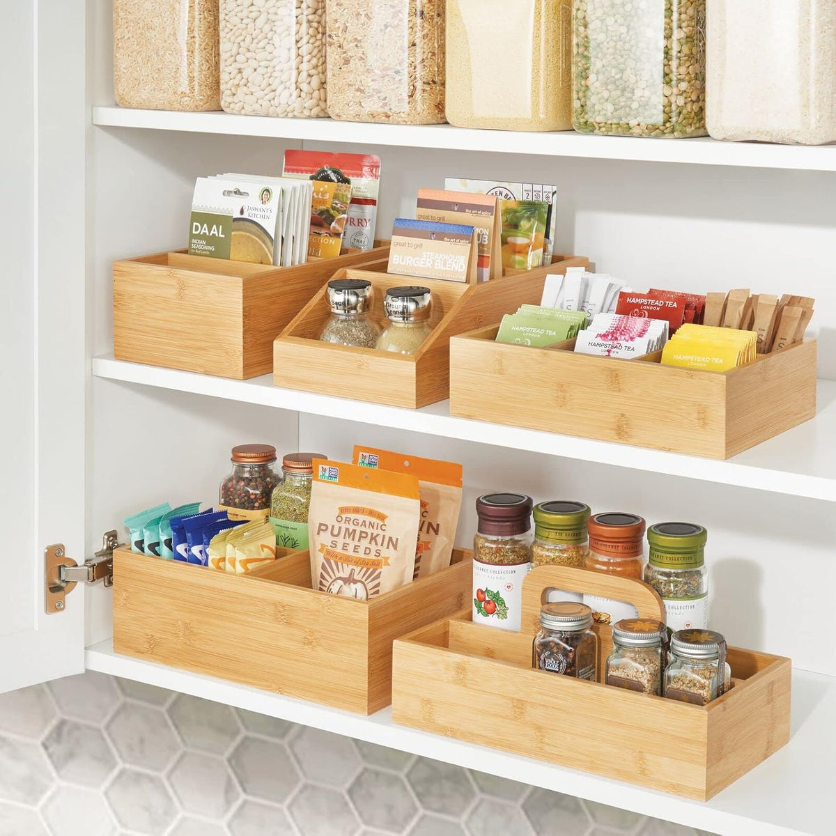 mDesign Bamboo Wood Compact Food Storage Organizer Bin Box - 4 Divided Sections - Holder for Seasoning Packets, Pouches, Soups, Spices, Snacks - Natural