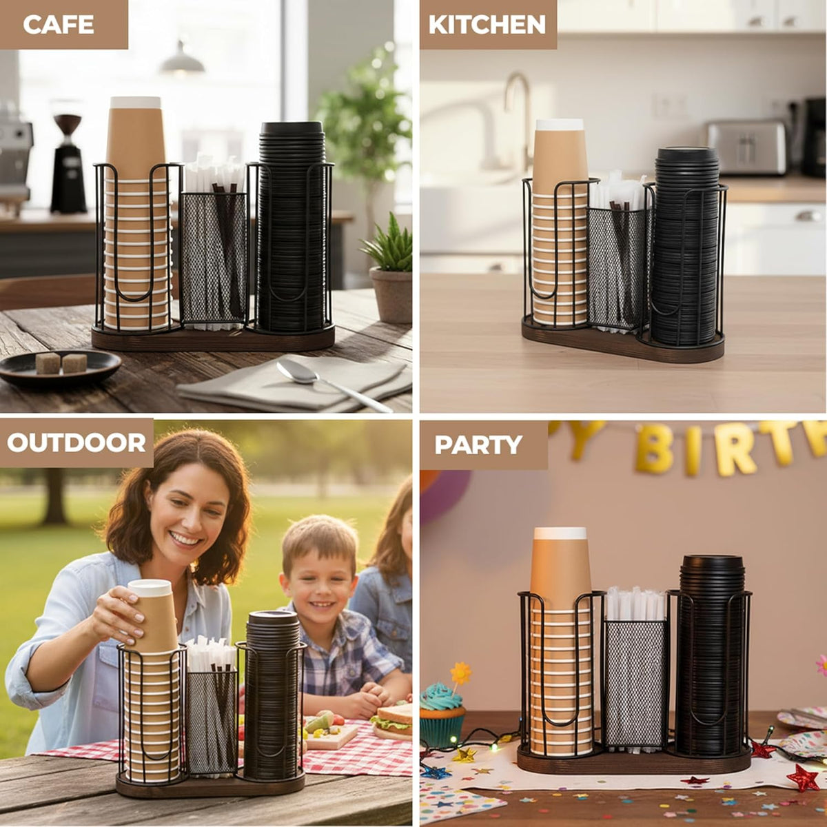 3-Compartment 16oz Coffee Cup & Lid Holder – Countertop Coffee Station Organizer with Wooden Base – Durable Dispenser for Disposable Cups, Lids & Straws