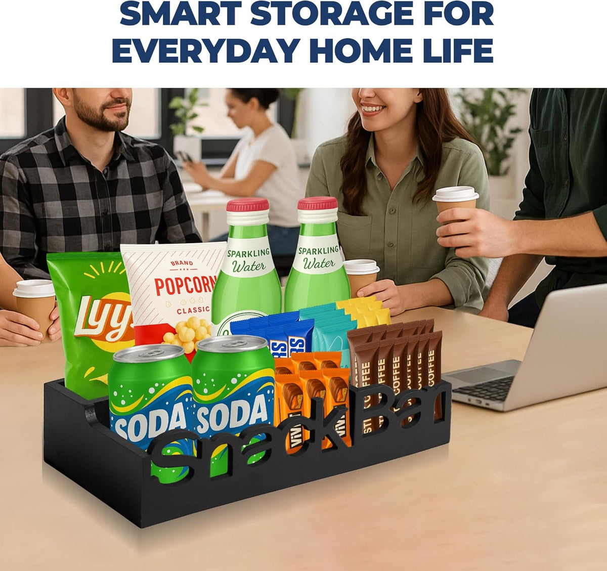 Snack Bar Organizer – Black 5 Compartment Station, Countertop Pantry Organizer for Kitchen, Office Food Holder, Candy Storage Bin, Display Stand, Cabinet Tray & Shelf