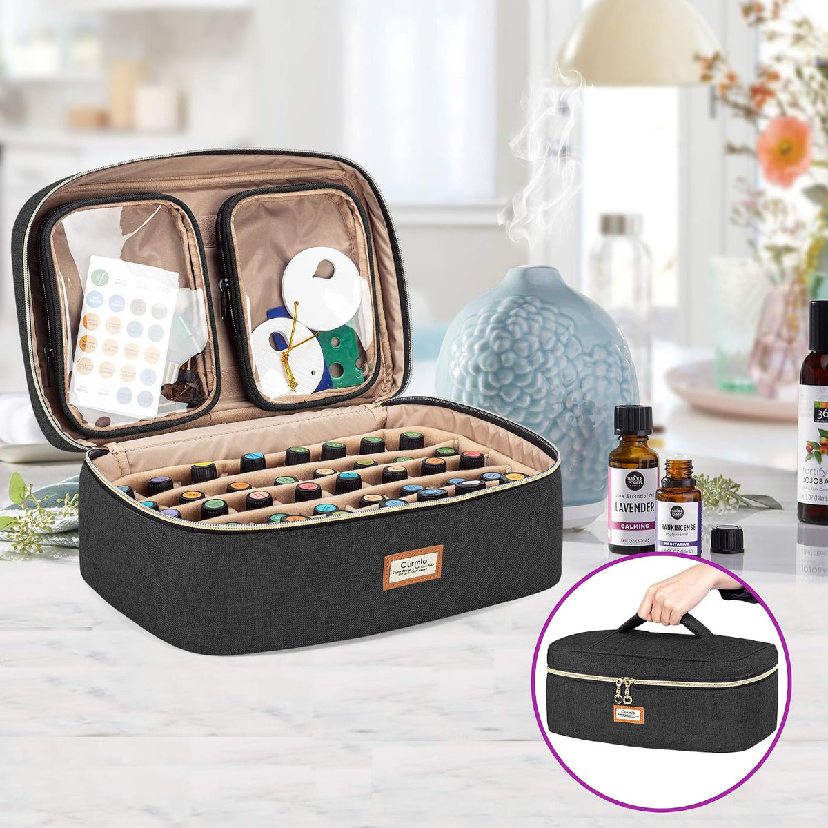 CURMIO Essential Oil Storage Case for 40 Bottles (5ml-30ml), Essential Oils Organizer Case with 2 Detachable Visible Pouches and Portable Handle, Patented Design, Gray (Bag Only)