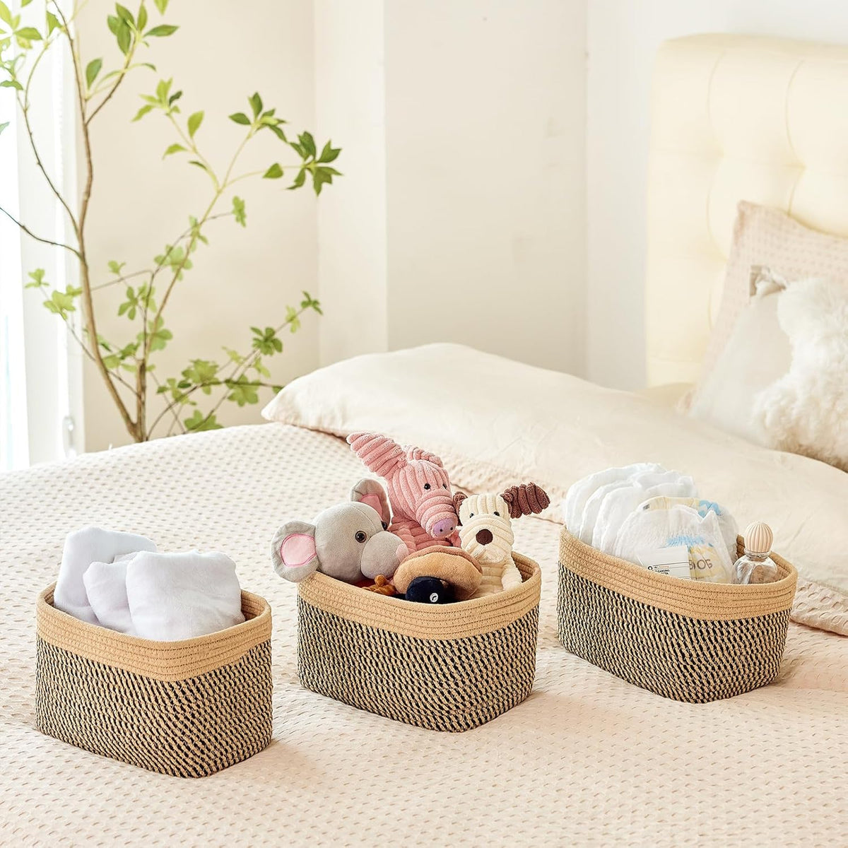 R RUNKA Small Cotton Rope Basket – Storage Bin for Organizing (10.6" x 6.7" x 6.7"), Bathroom Storage Basket for Shelf, Counter & Closet（Beige）