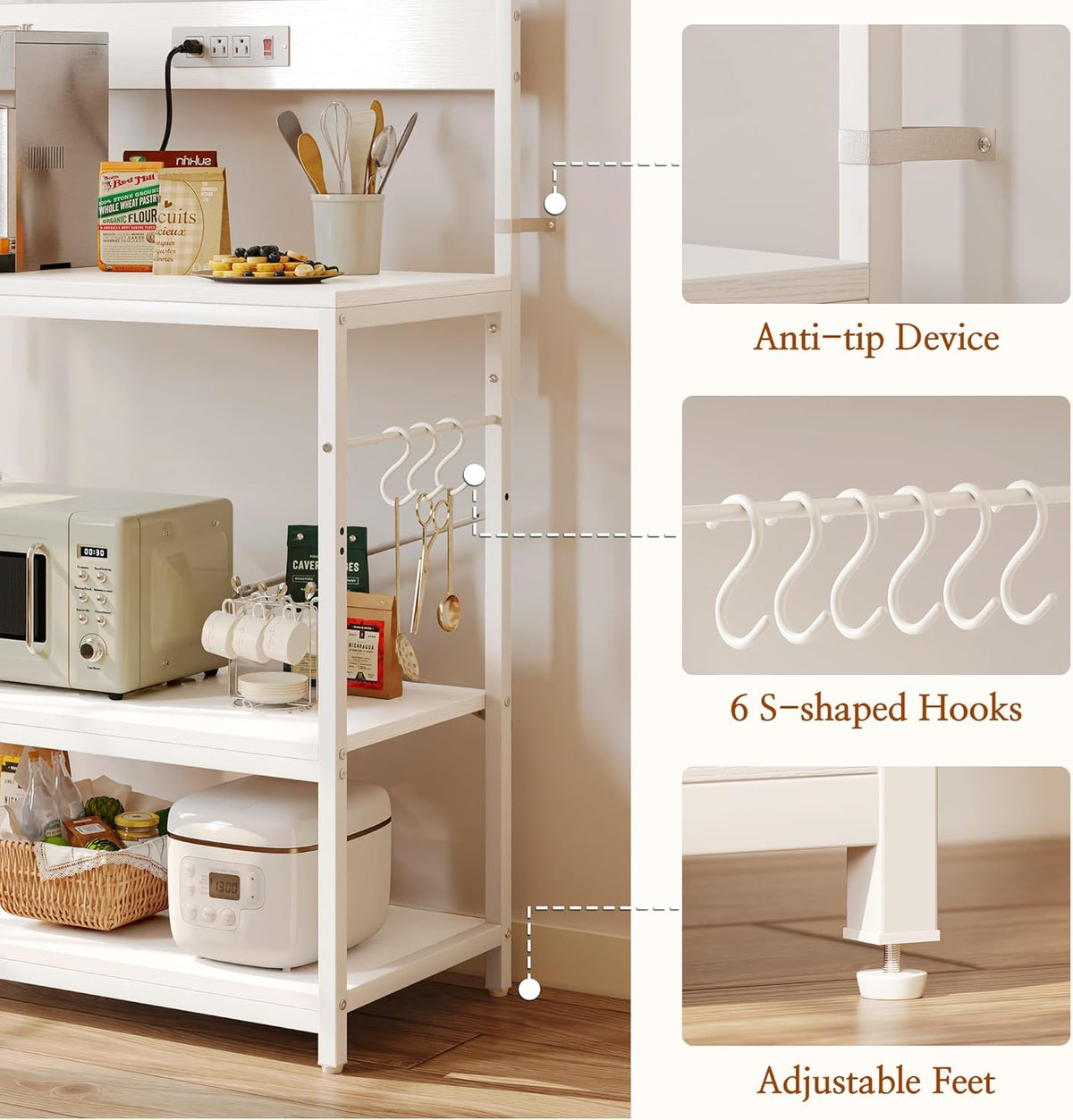 SUPERJARE Kitchen Bakers Rack with Power Outlet, Coffee Bar Table 4 Tiers, Kitchen Microwave Stand with 6 S-shaped Hooks, Storage Shelf Rack for Spices, Pots and Pans - Rustic Brown