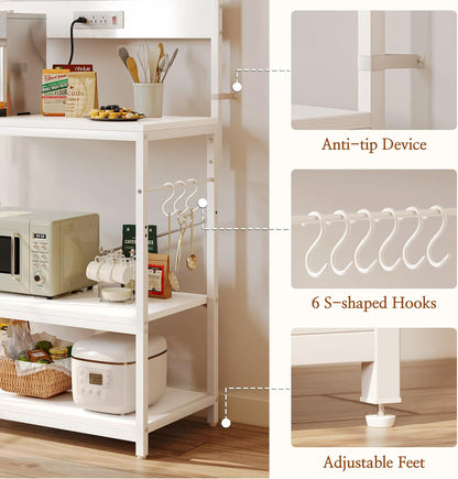 SUPERJARE Kitchen Bakers Rack with Power Outlet, Coffee Bar Table 4 Tiers, Kitchen Microwave Stand with 6 S-shaped Hooks, Storage Shelf Rack for Spices, Pots and Pans - Rustic Brown