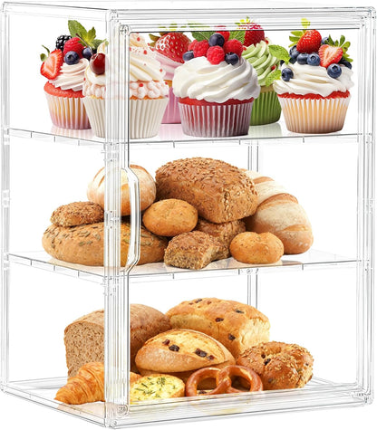 SANKEU Pastry Display Case,Bread Box for Kitchen Countertop,4 Layers Adjustable Clear Bread Storage with Magnetic Door Bakery Pastry Display15.5x11.4x9.8inch，1 Pack