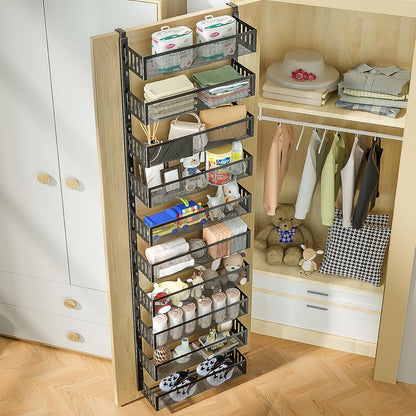6-Tier Over The Door Pantry Organizer with Mesh Baskets, Adjustable & Stable Hanging Spice Rack for Kitchen, Bathroom, Bedroom, and Baby Essentials Storage