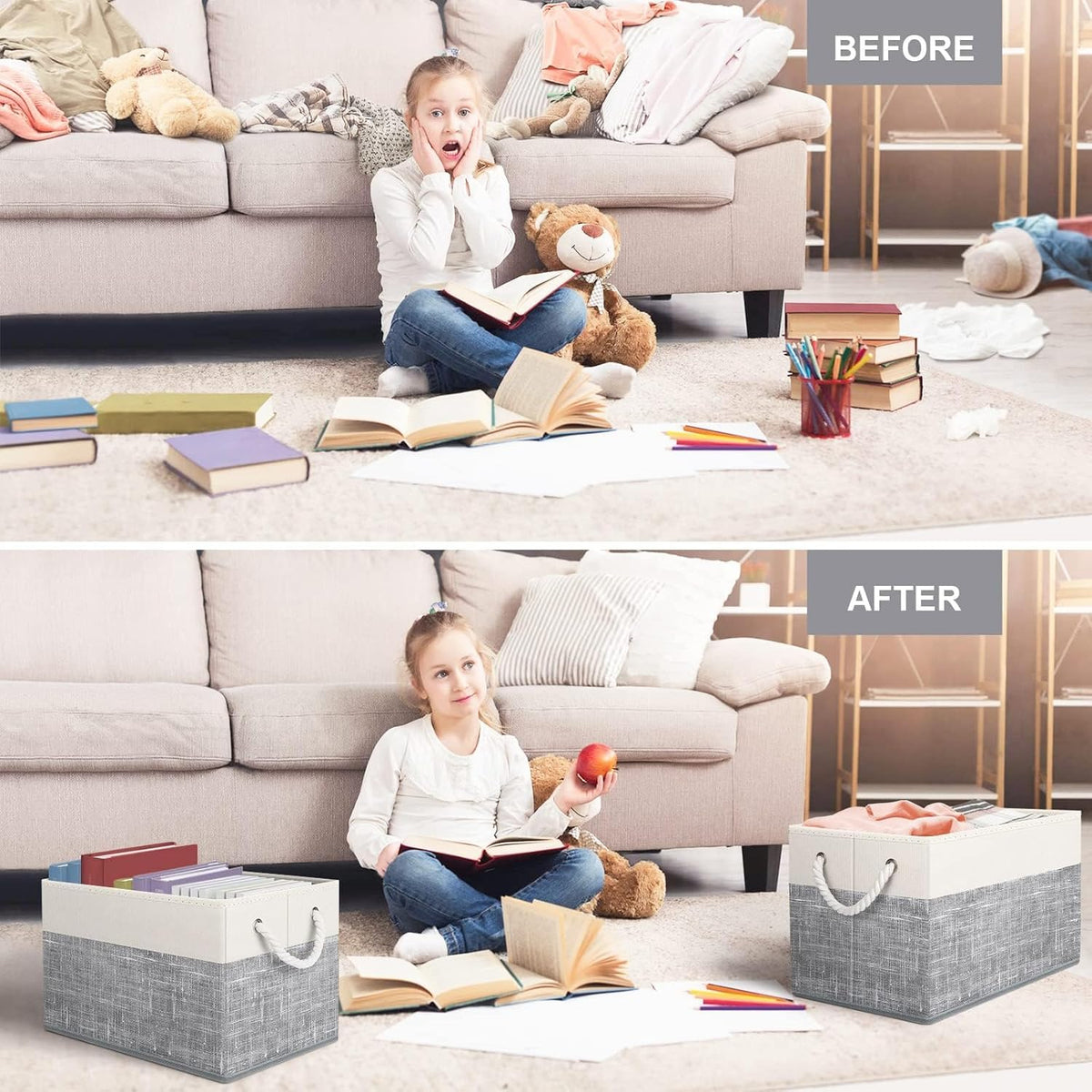 Fab totes Storage Bins, Foldable Storage Baskets for Organizing Toys, Books, Shelves, Closet, Large Storage Box with Rope Handles, Sturdy Organizer Bins, White & Grey