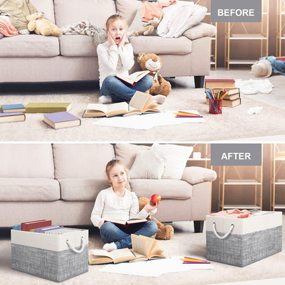 Fab totes Storage Bins, Foldable Storage Baskets for Organizing Toys, Books, Shelves, Closet, Large Storage Box with Rope Handles, Sturdy Organizer Bins, White & Grey