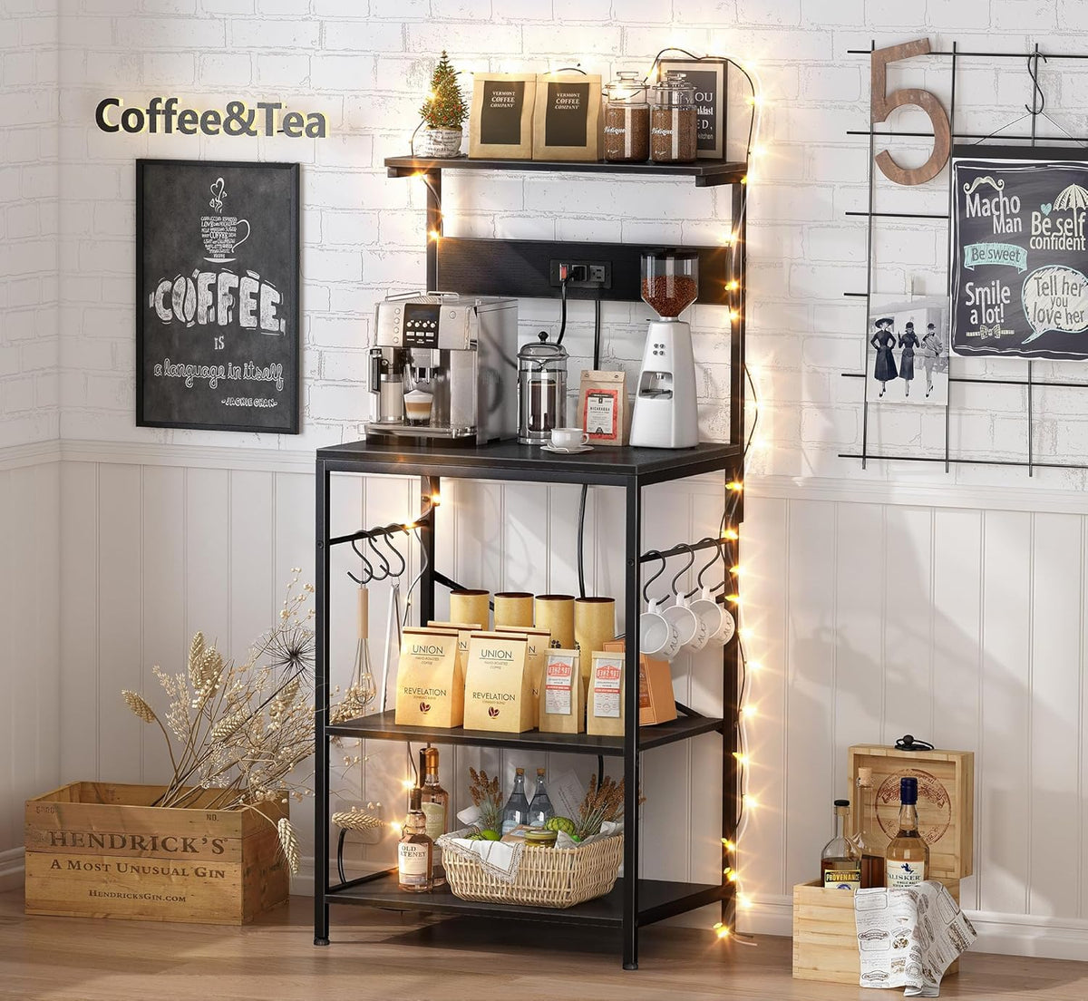 SUPERJARE Kitchen Bakers Rack with Power Outlet, Coffee Bar Table 4 Tiers, Kitchen Microwave Stand with 6 S-shaped Hooks, Storage Shelf Rack for Spices, Pots and Pans - Rustic Brown