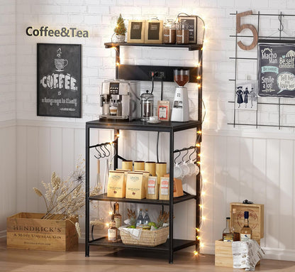 SUPERJARE Kitchen Bakers Rack with Power Outlet, Coffee Bar Table 4 Tiers, Kitchen Microwave Stand with 6 S-shaped Hooks, Storage Shelf Rack for Spices, Pots and Pans - Rustic Brown