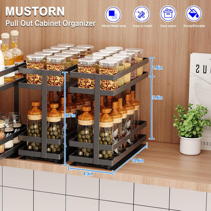 Mustorn 2 Pack Pull Out Spice Rack Organizer for Cabinet, 2 Tier Metal Slide Out Seasoning Organizer and Storage Heavy Duty Vertical Spice Rack Shelf Pullout for Kitchen Cabinets No Drilling (Black)