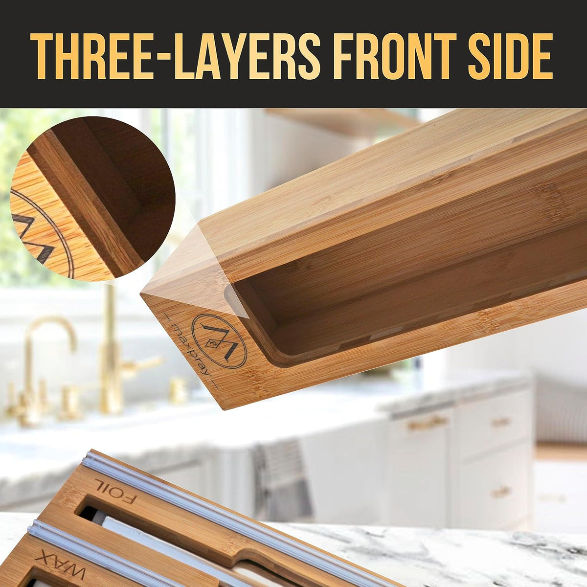 3 in 1 Wrap Organizer with Cutter and Labels, Plastic Wrap, Aluminum Foil and Wax Bamboo Dispenser for Kitchen Storage Organization Holder for 12" Roll (Natural)