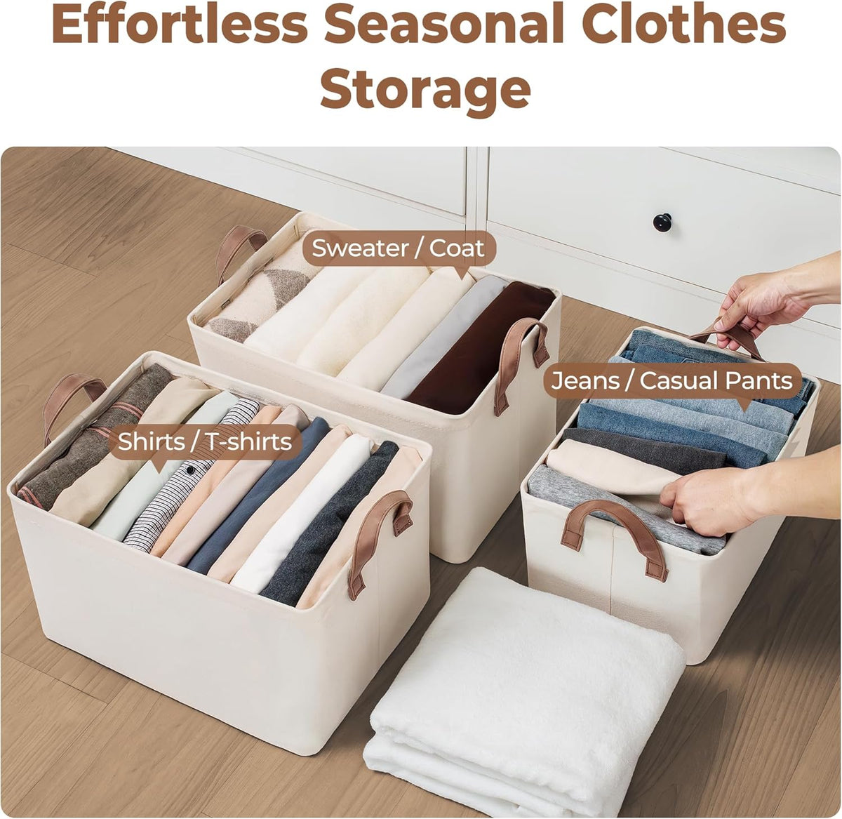 StorageWorks Storage Bins, Shelves Baskets for Organizing, Fabric Closet Organizers with Handles, Metal Frame, Beige-Cotton-linen, 2-Pack