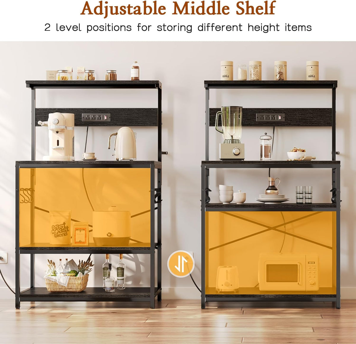SUPERJARE Kitchen Bakers Rack with Power Outlet, Coffee Bar Table 4 Tiers, Kitchen Microwave Stand with 6 S-shaped Hooks, Storage Shelf Rack for Spices, Pots and Pans - Rustic Brown