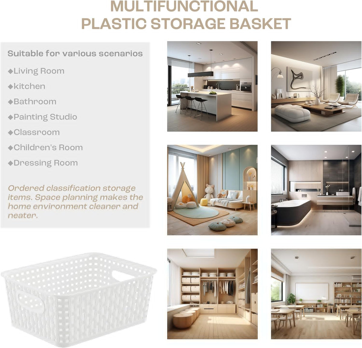Khaki Stackable Storage Baskets, Plastic Weave Basket Organizer and Storage Set of 12, Pantry Organizing Baskets for Shelves, Kitchens, Bathrooms, Classrooms, Cabinets and Bedrooms