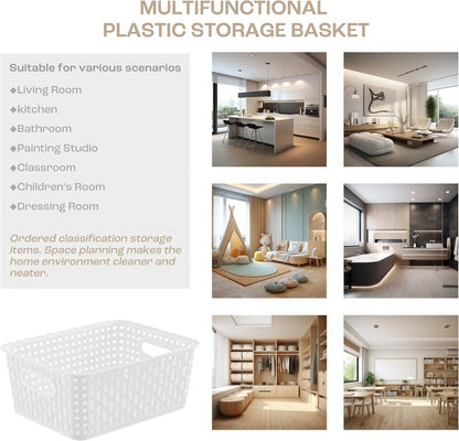 Khaki Stackable Storage Baskets, Plastic Weave Basket Organizer and Storage Set of 12, Pantry Organizing Baskets for Shelves, Kitchens, Bathrooms, Classrooms, Cabinets and Bedrooms