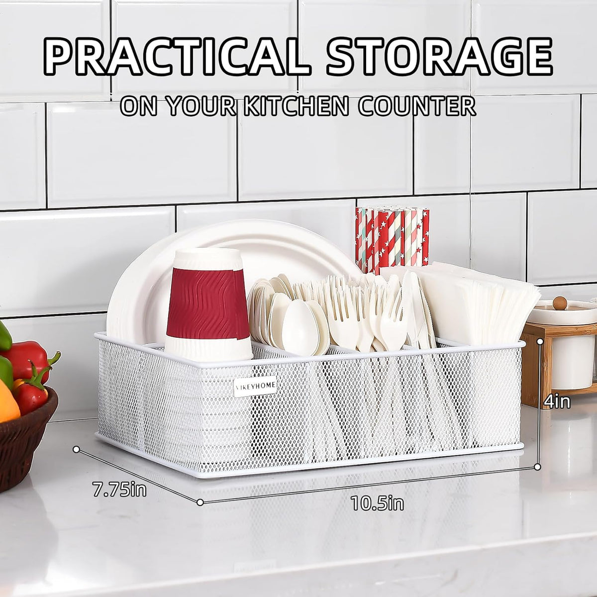 VIKEYHOME Paper Plate Organizer for Countertop, Metal Silverware Caddy with 6 Compartments for Cup, Napkin, Utensil Holder Caddy for Party, Camping, Picnic