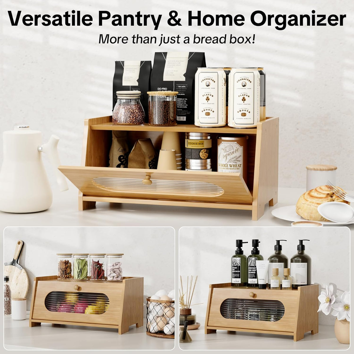 Bread Box,Extra Large 2-Tier Bamboo Bread Box for Kitchen Countertop,Bread Storage Container with Magnetic Acrylic Door for Homemade Bread,Under Cabinet,Pantry Organizer(Natural)
