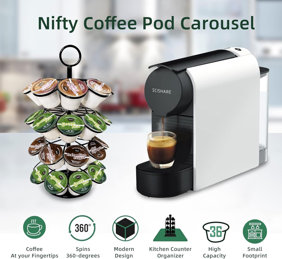 ROWISE K-Cup Pod Carousel Holder and Organizer for 36 Pods - Spins 360 Degrees, Detachable, Modern Metal Design in Black for Home and Office Counters
