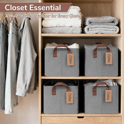 CHICVITA 4 Pack Large Storage Baskets for Shelves, Collapsible Closet Organizer Bins with Metal Frame, Fabric Storage Bins for Clothes Towels Organization, 16.8" x 11" x 9.8", Beige