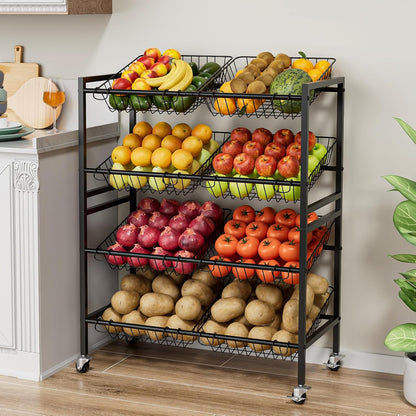 Evermagin 25.2''W Kitchen Storage Cart, Rolling Snack Cart, 4 Tier Fruit Basket Vegetable Stand, Metal Pantry Storage Organizer with 8 Removable Baskets for Onion Potato, Black